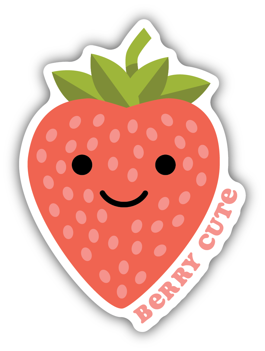 red strawberry with a smiley face and text "berry cute"