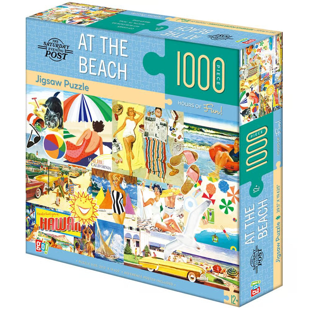 angled view of the Saturday Night Post 'At the Beach' 1000-piece jigsaw puzzle box, featuring a vibrant collage of retro beach scenes with people, umbrellas, cars, and palm trees.