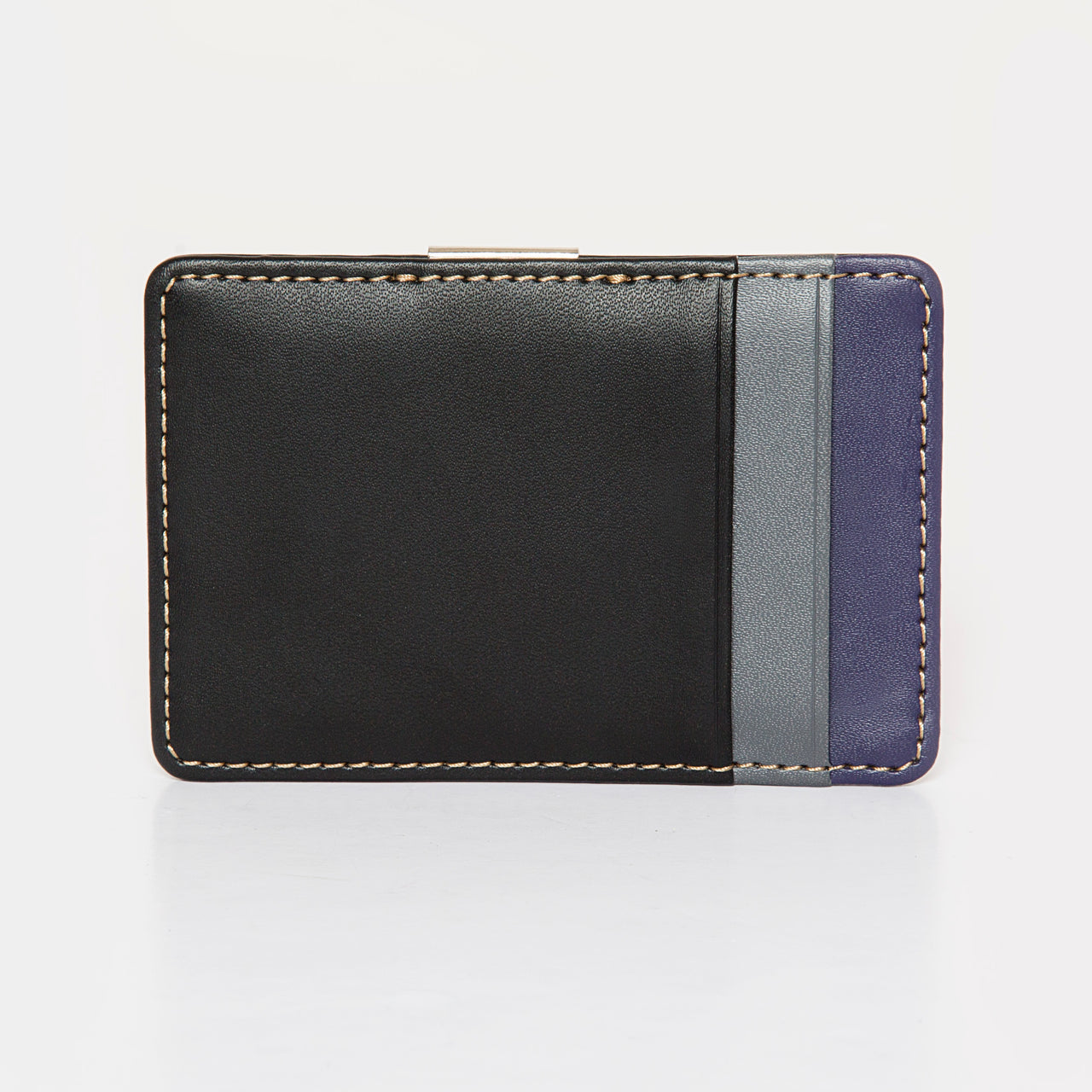 black, grey, and purple wallet with two card slots.