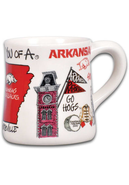 other side view of white ceramic mug with university of arkansas icons.