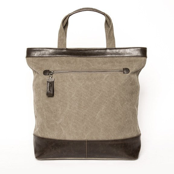front view of khaki canvas tote with vegan leather accents.