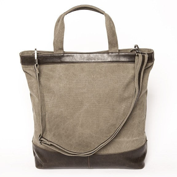 back  view of khaki canvas tote with vegan leather accents.