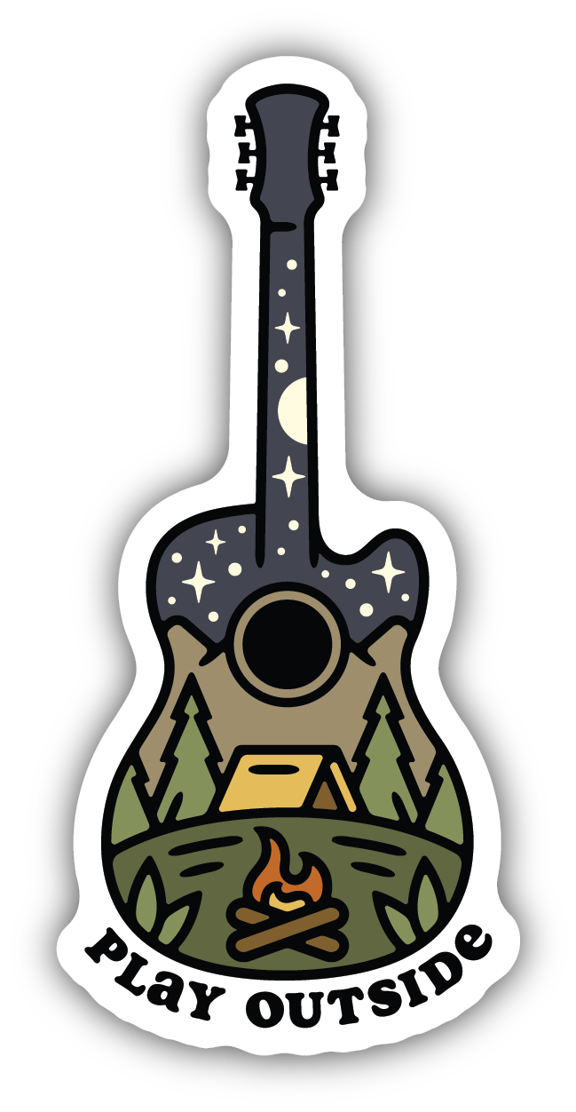 night time camp scene in the shape of a guitar with text "play outside"