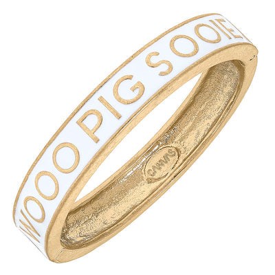 gold bange with white enamel and "woo pig sooie" in gold all around the gold.