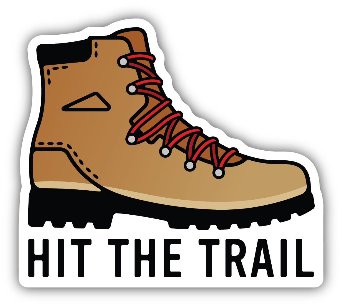 sticker on white background. sticker has graphic of hiking boot and "hit the trail" text along the bottom.