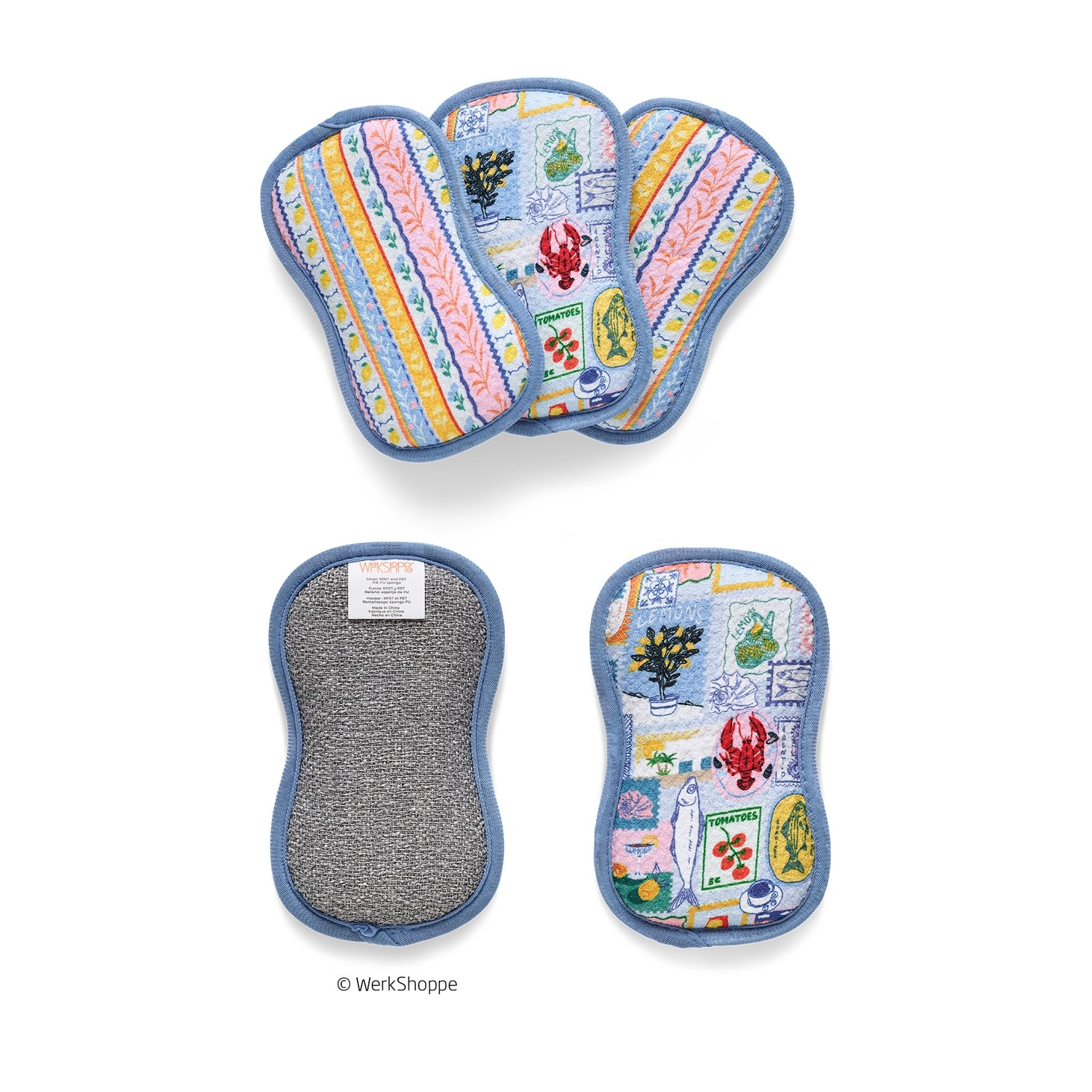 4 mediterranean summer scrubbies on a white background