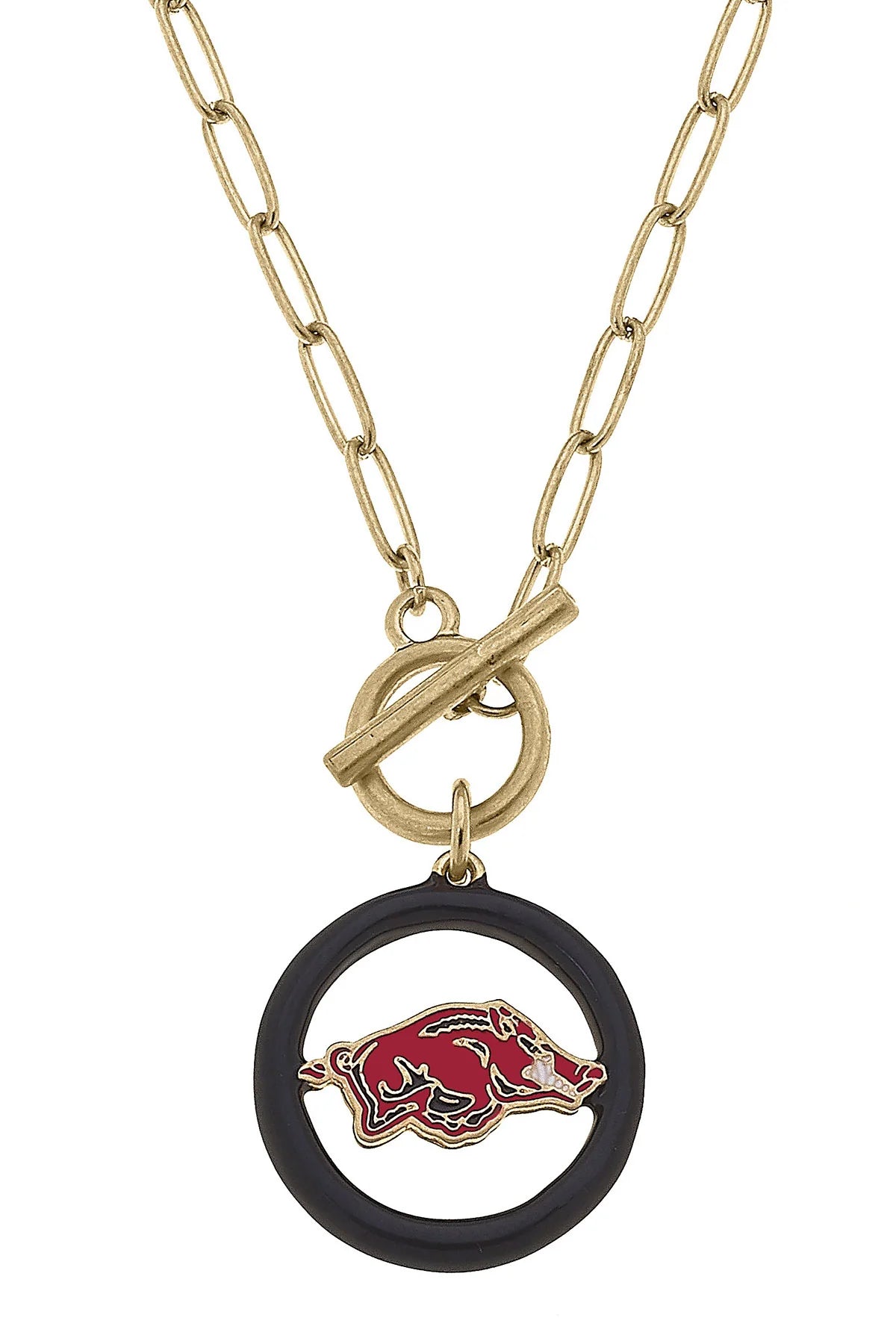 close-up of gold chain necklace with black round pendant with razorback logo in it.