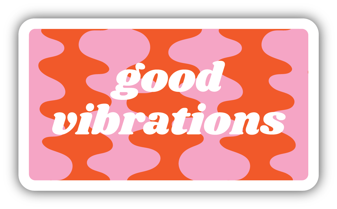 white colored "good vibrations" text on a wavy red and pink background
