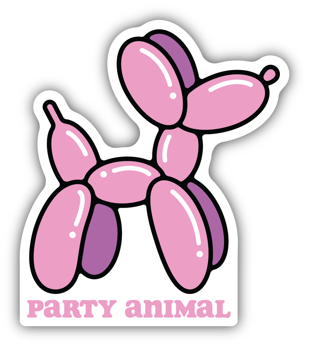 Pink balloon shaped like a dog with pink "party animal" text