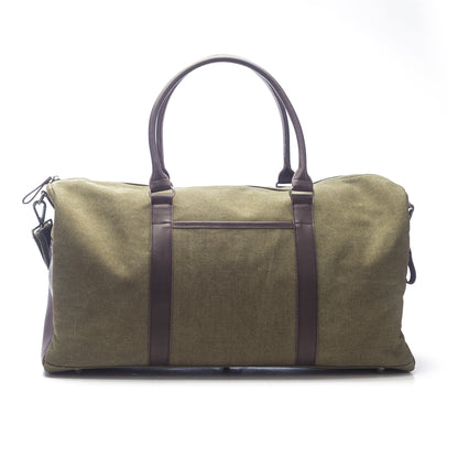 hunter green duffle bag with vegan leather accents.