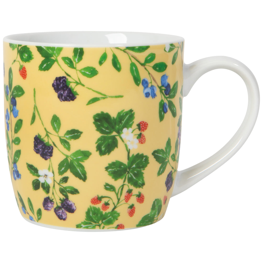 front side of tan mug covered in berry sprigs