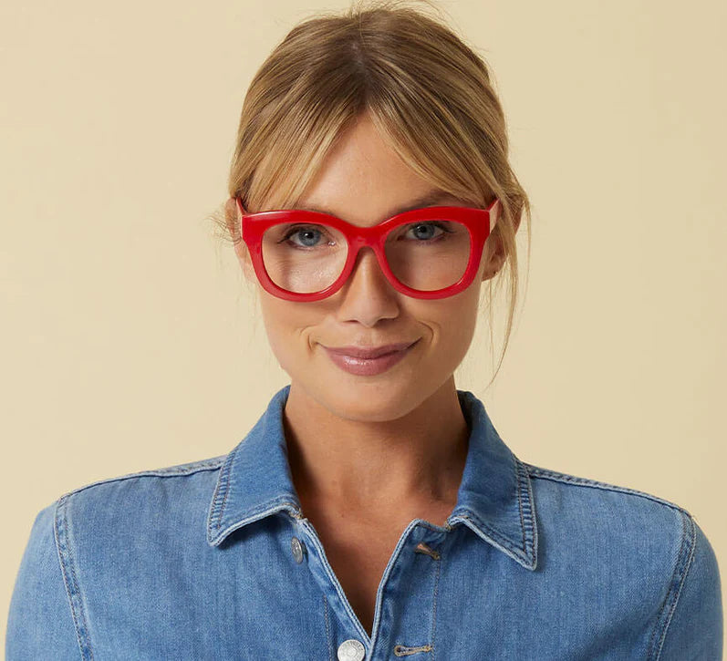 person wearing Center Stage Red glasses