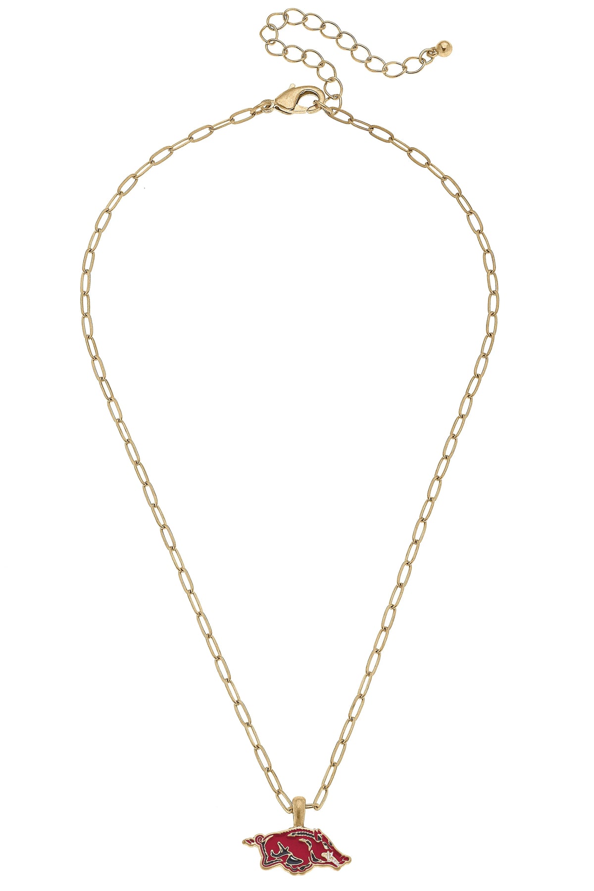 Gold chain necklace with a red and gold razorback pendant shown on a white background