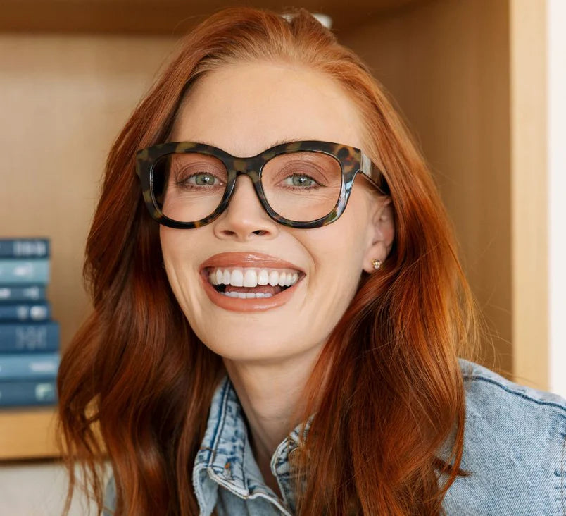 person wearing the center stage glasses in tortoise