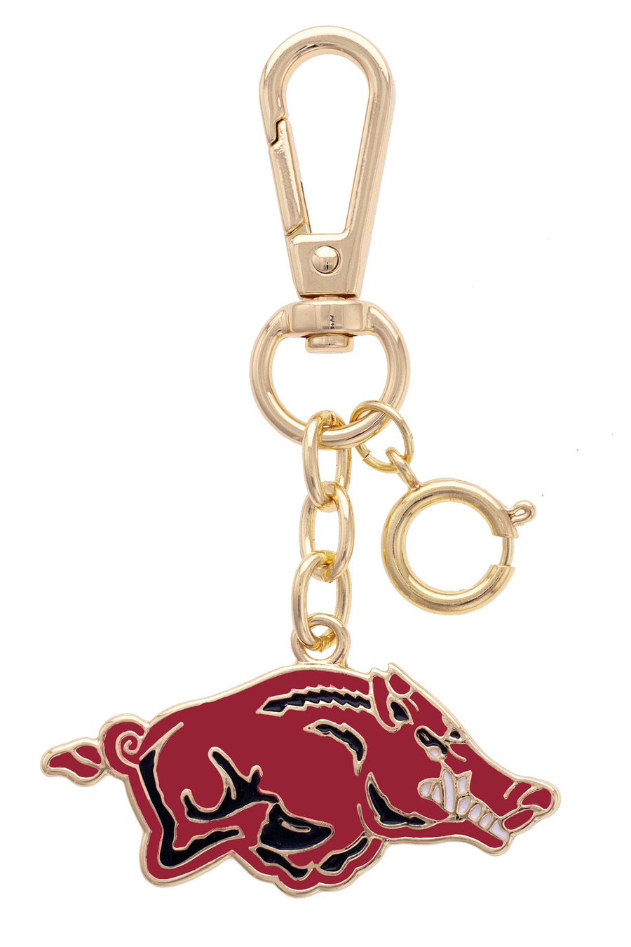 front view of Arkansas Razorbacks Enamel Logo Bag Charm with gold hardware