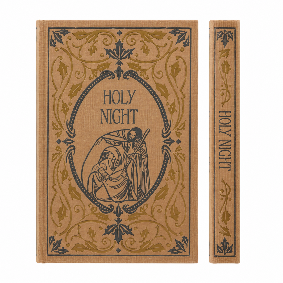A vintage-style hardcover book box shown from the front and spine, with a tan cover, ornate gold-toned filigree border, and dark blue illustration and text reading “HOLY NIGHT.”.