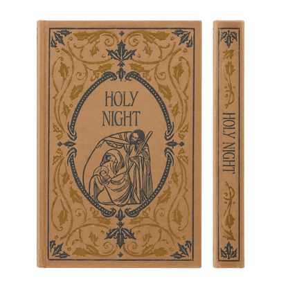 A vintage-style hardcover book box shown from the front and spine, with a tan cover, ornate gold-toned filigree border, and dark blue illustration and text reading “HOLY NIGHT.”.