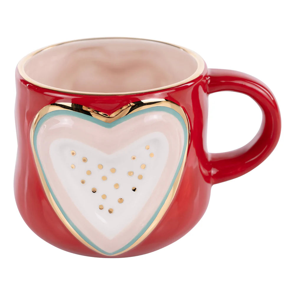 other side of Red mug with a heart-shaped design on a white background