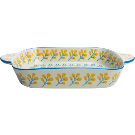 Rectangular ceramic baking dish with yellow and blue floral pattern on a white background