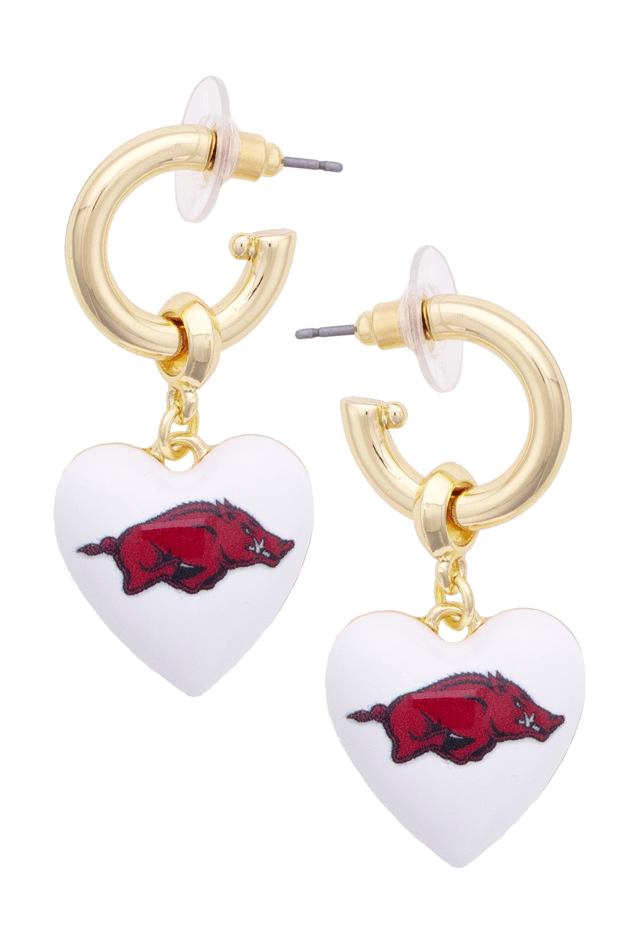small gold hoop earrings with a white heart drop charm printed with a razorback logo on it