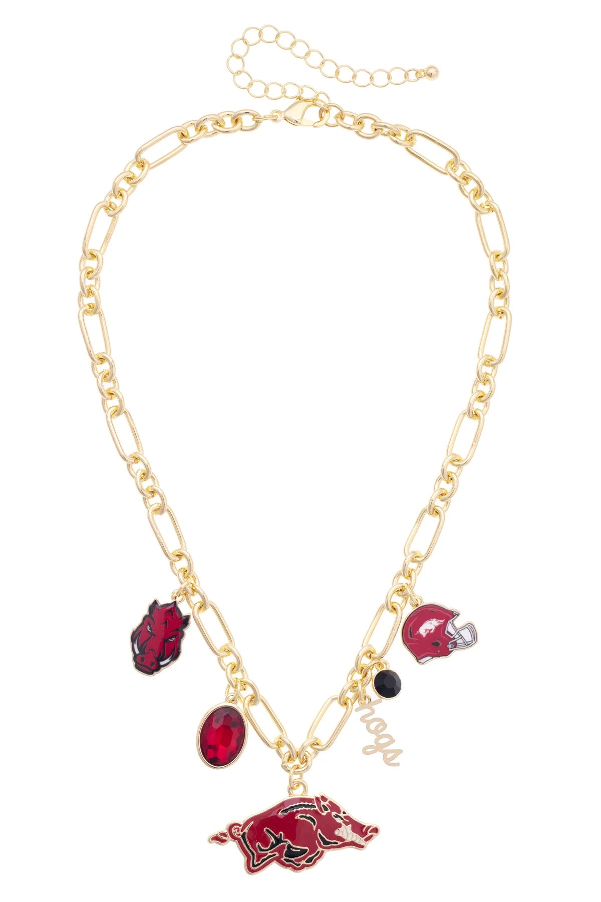 Arkansas Razorbacks Gameday Charm Necklace including a razorback face charm, red crystal charm, razorback logo charm, gold "hogs" in script charm and red helmet charm hung on a gold chain