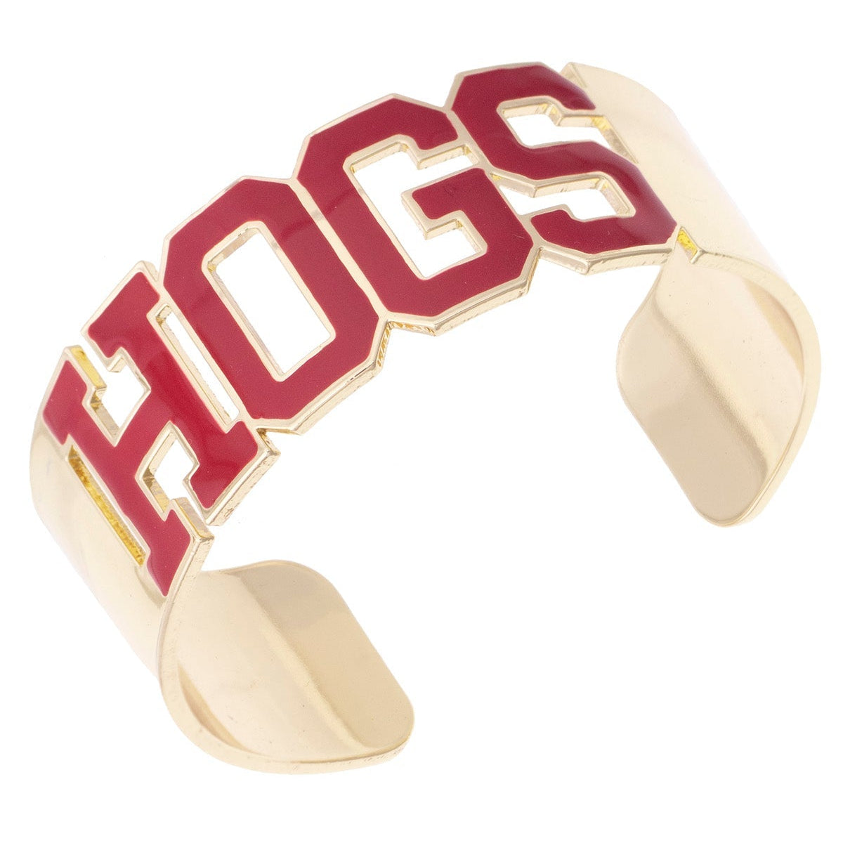 Gold and red 'HOGS' cuff bracelet on a white background