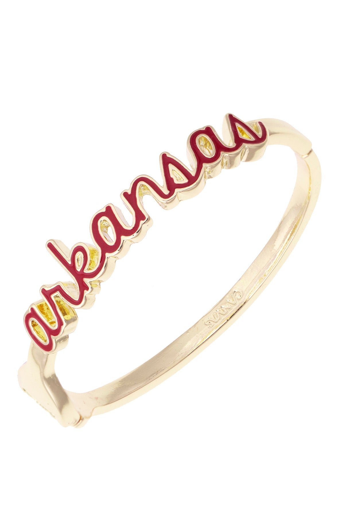 Gold bracelet with 'Arkansas' text in red script shown on a white background