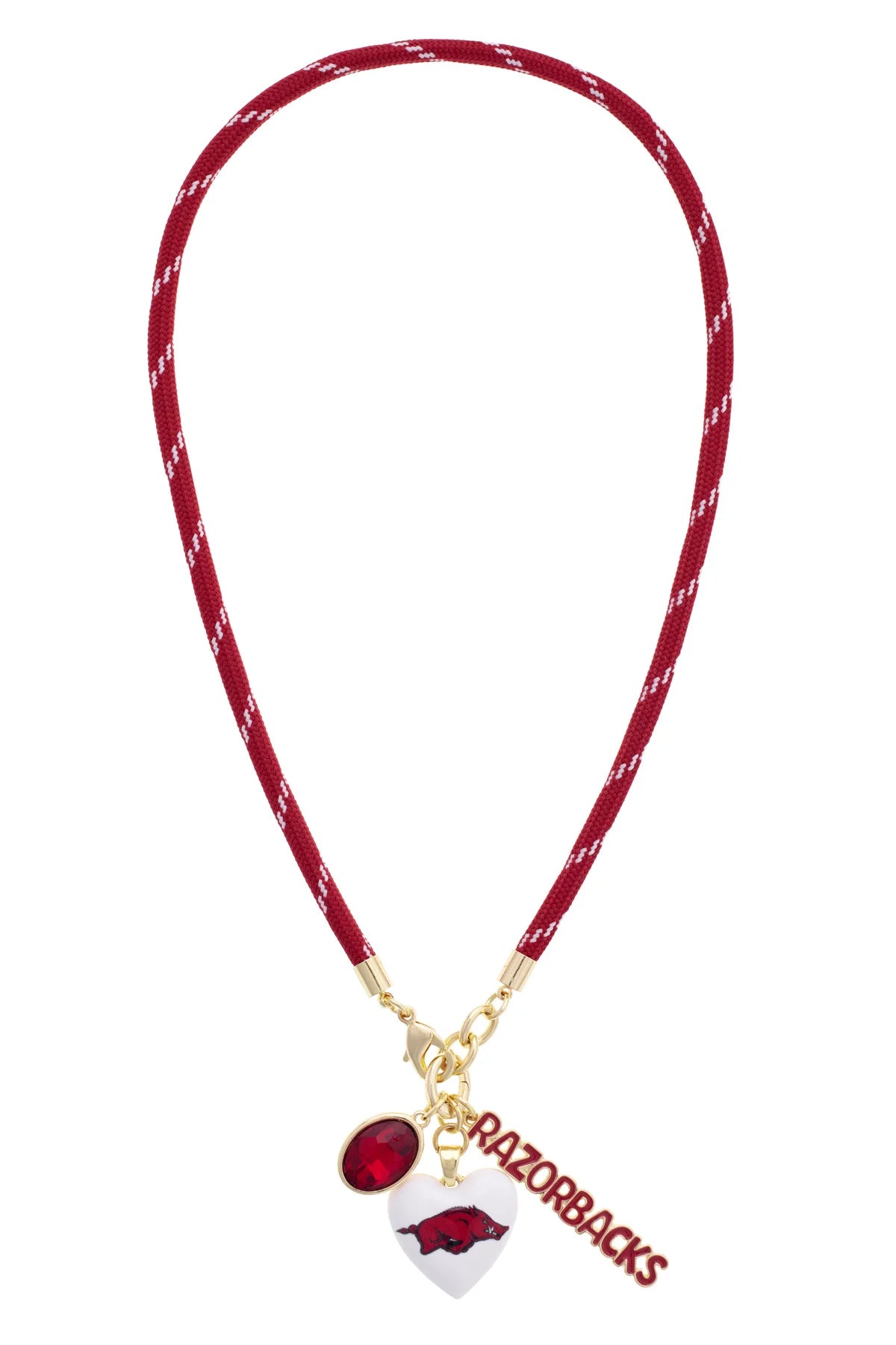 Necklace with 'Razorbacks' charm on a red and white patterned cord