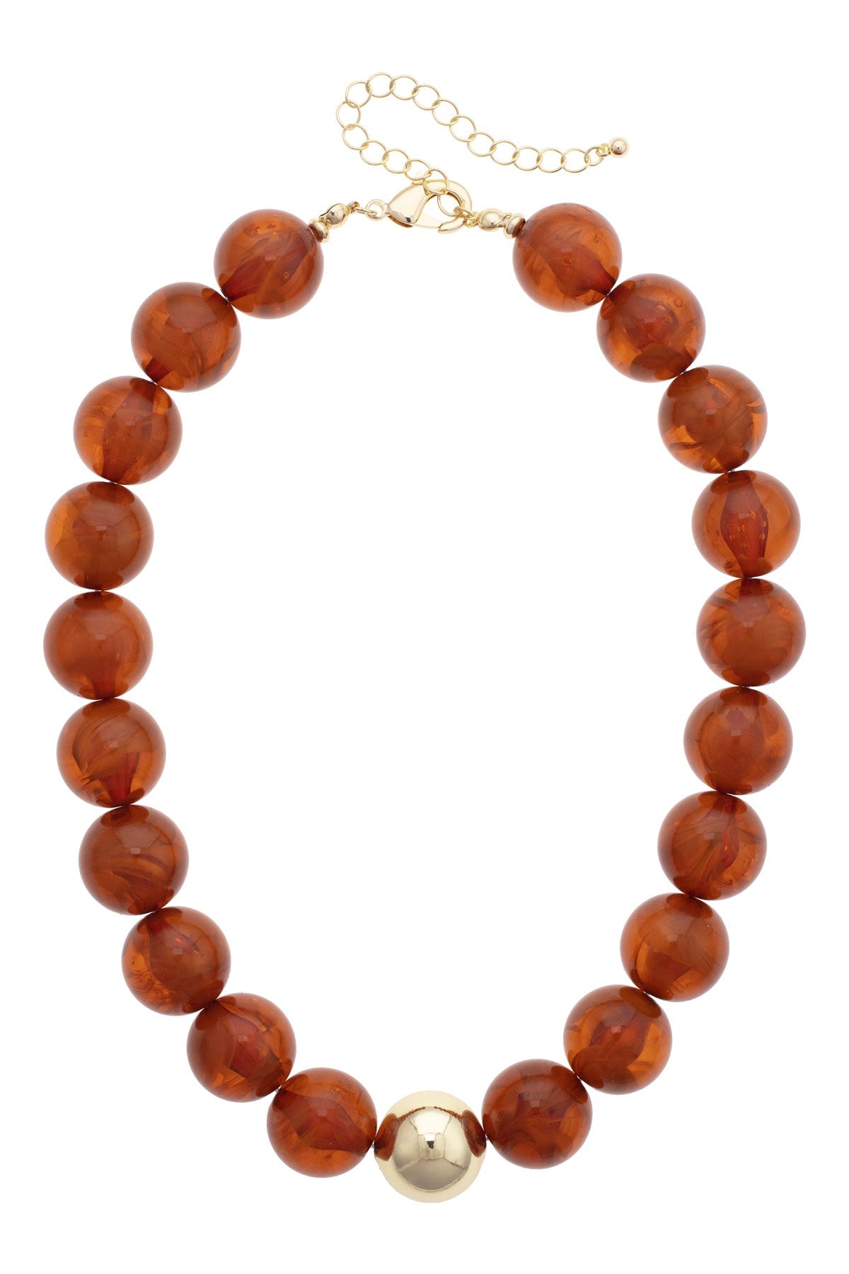 Marjorie Beaded Gumball Necklace in amber with a golden center bead