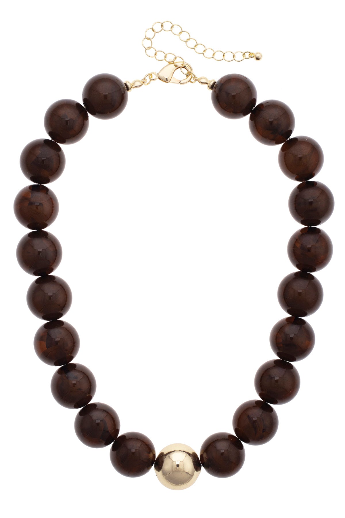 Marjorie Beaded Gumball Necklace in brown with a golden center bead