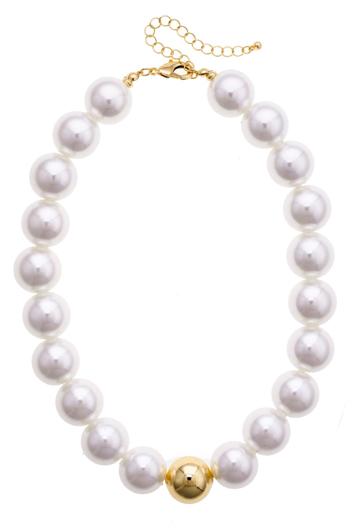 Marjorie Beaded Gumball Necklace made of pearls with a gold center bead