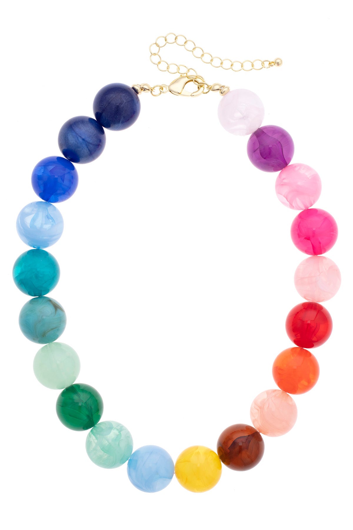 Marjorie Beaded Gumball Necklace in rainbow hues shown on a white background