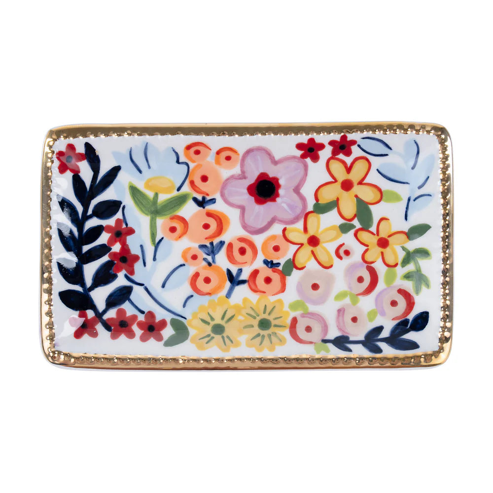 white Rectangular ceramic tray with colorful floral design and gold rim on a white background