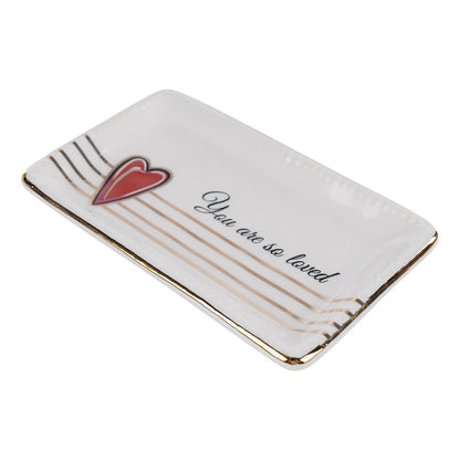 angled view of Decorative tray with a red heart and 'You are so loved' text on a white background