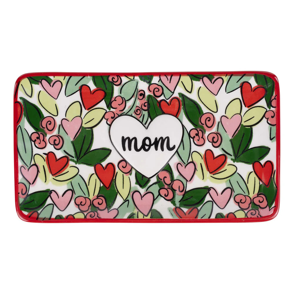 Decorative tray with pink and red floral pattern and 'mom' heart design on a white background