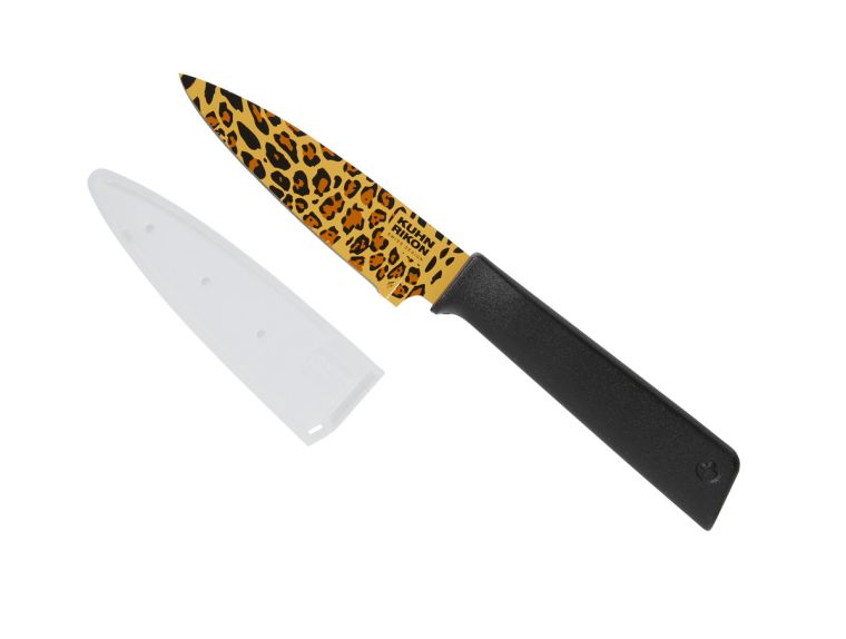 leopard print blade pairing knife with a black handle and frosted clear sheath on a white background