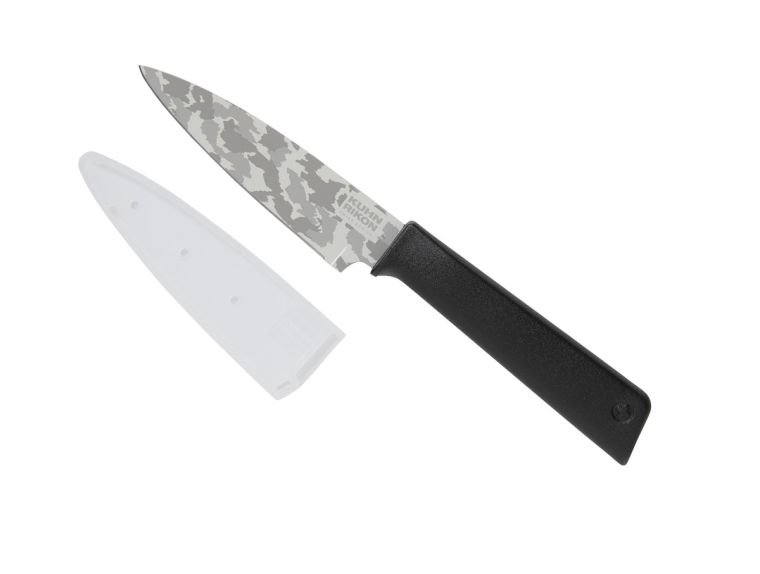 gray camo blade pairing knife with a black handle and frosted clear sheath on a white background