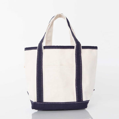 off white tote with navy handles and trim