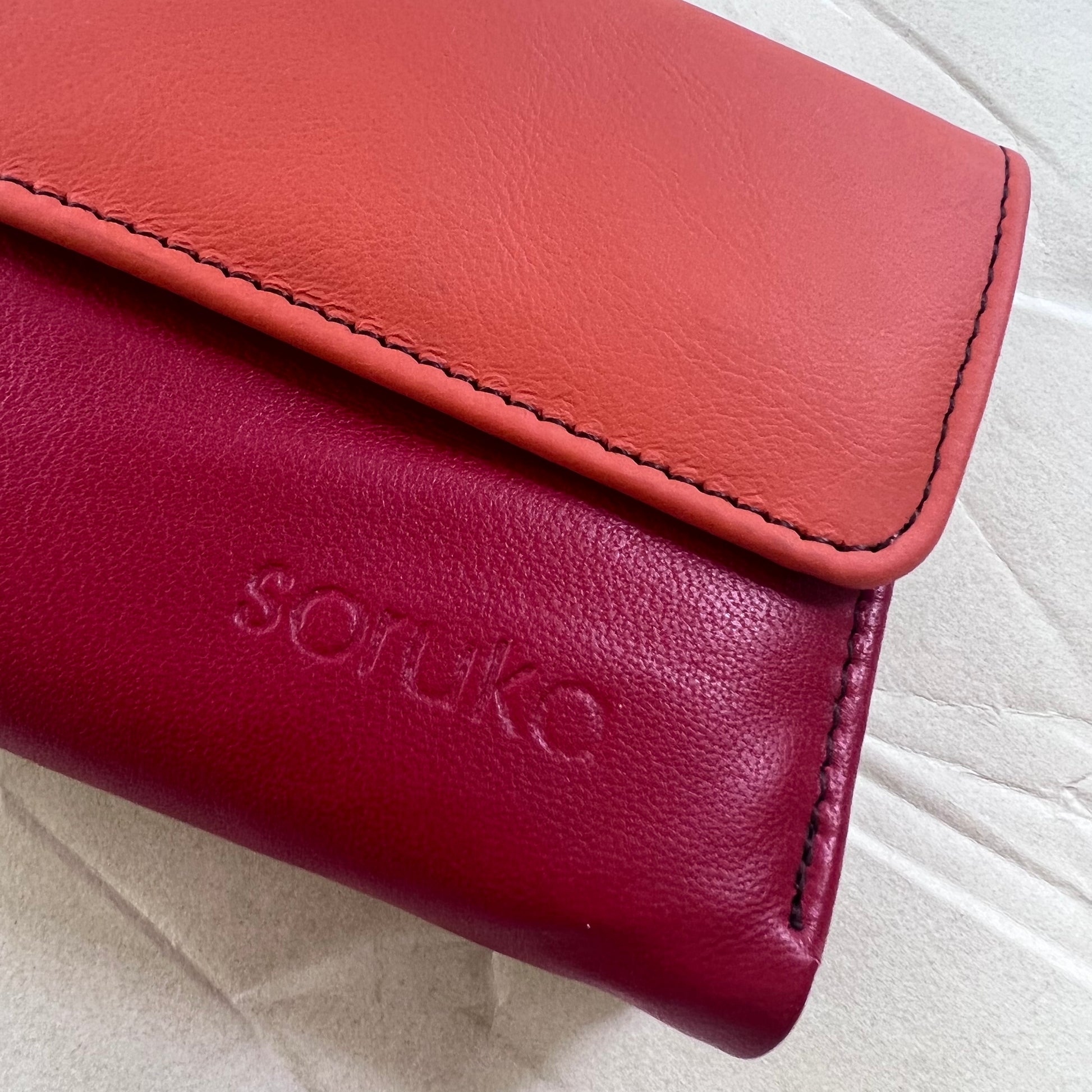 close-up of cranberry rings wallet