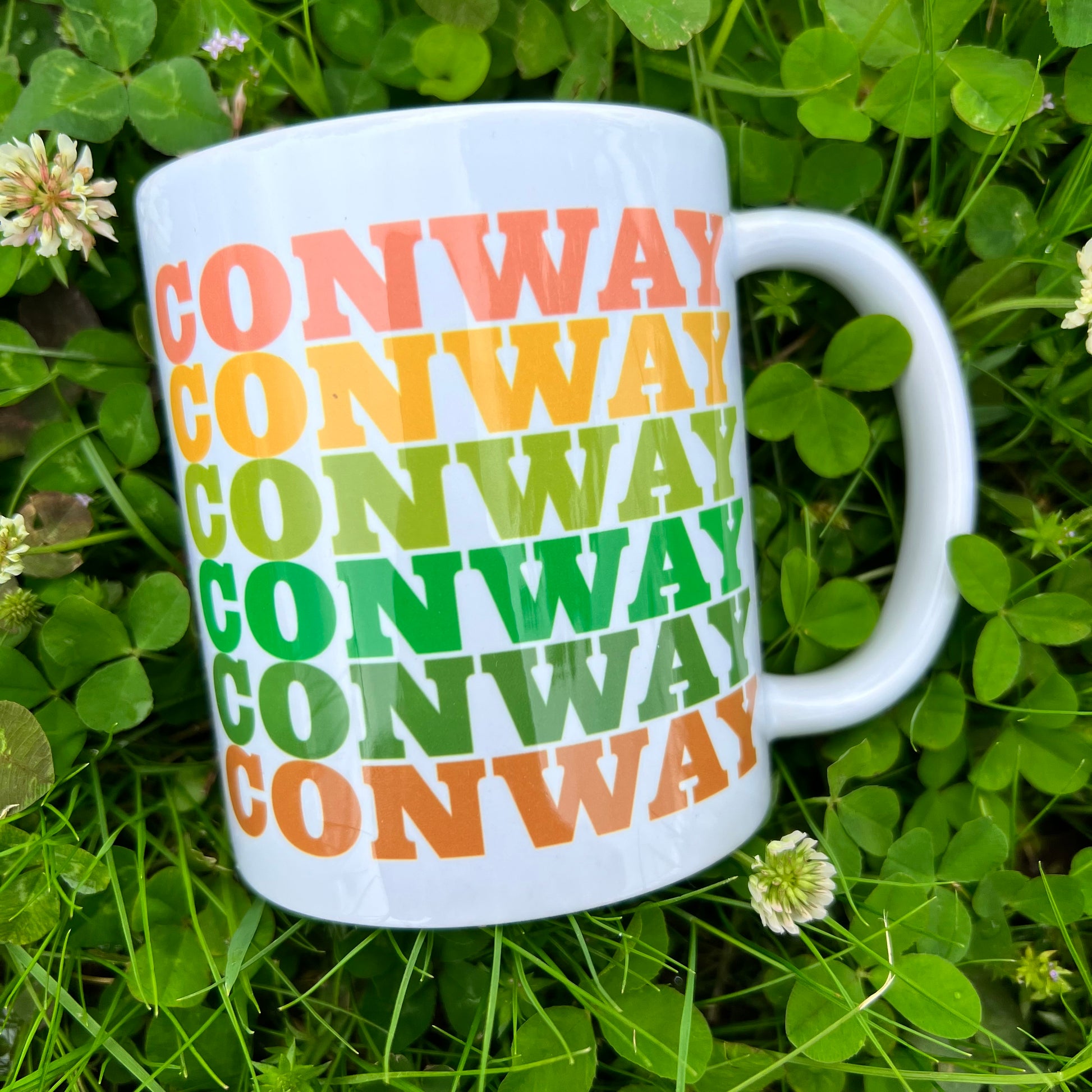 white mug with "conway" printed in assorted colors laying in a field of clovers.