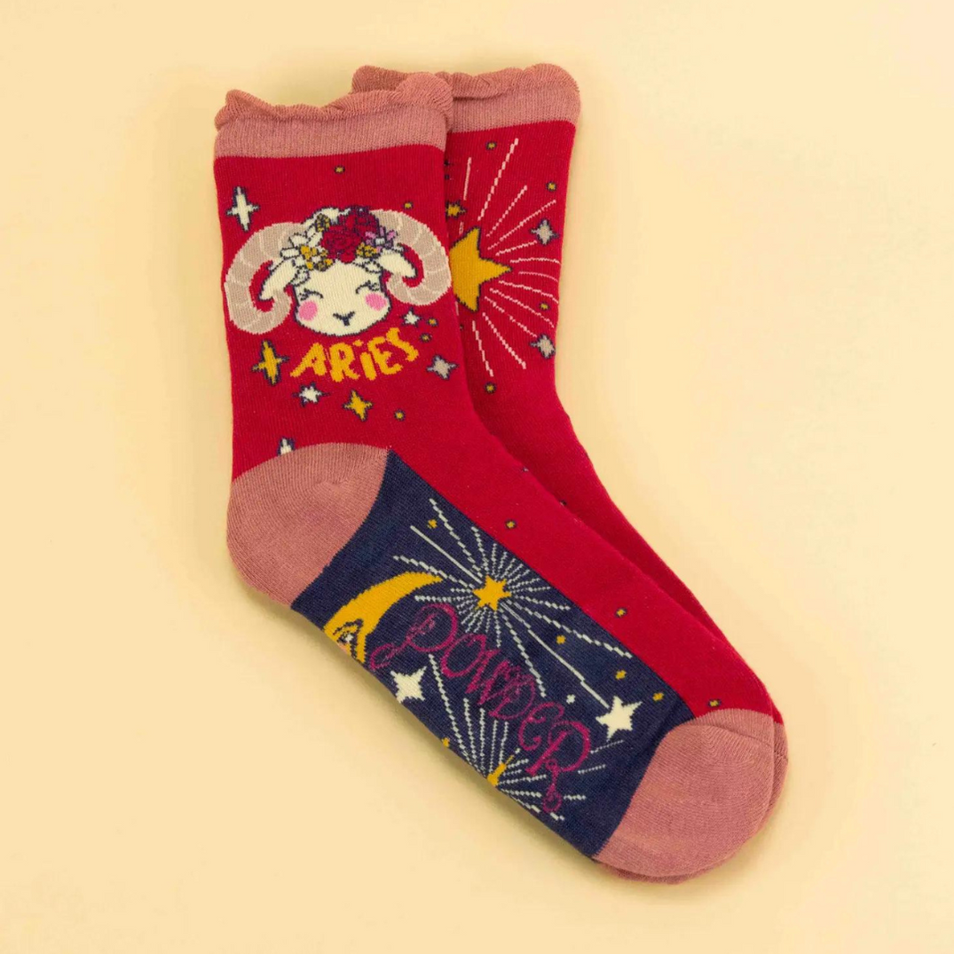 red aries sock with ram design.