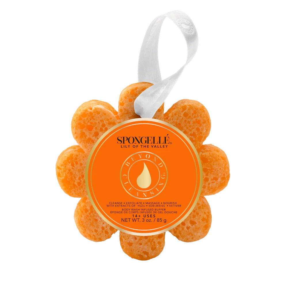 Orange flower-shaped sponge with 'Spongellé' branding on a white background