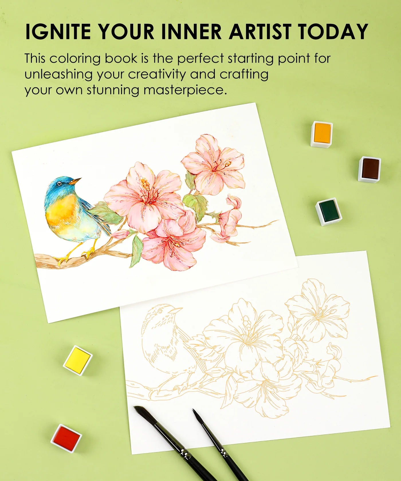 Coloring book with floral and bird illustration on a green background with coloring supplies.
