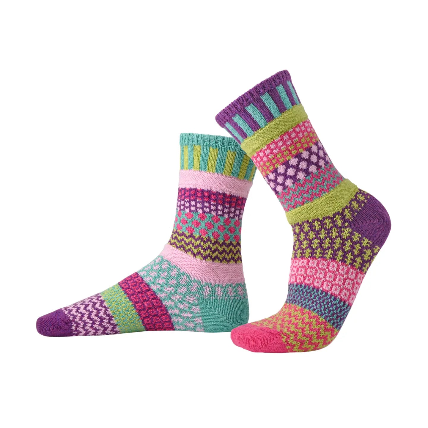 pair of Dahlia Crew Socks with similar but mismatched patterns shown on a white background