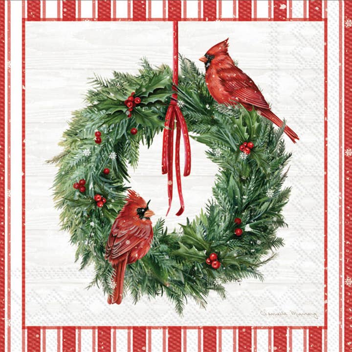  Cardinal and Wreath Cocktail Napkin