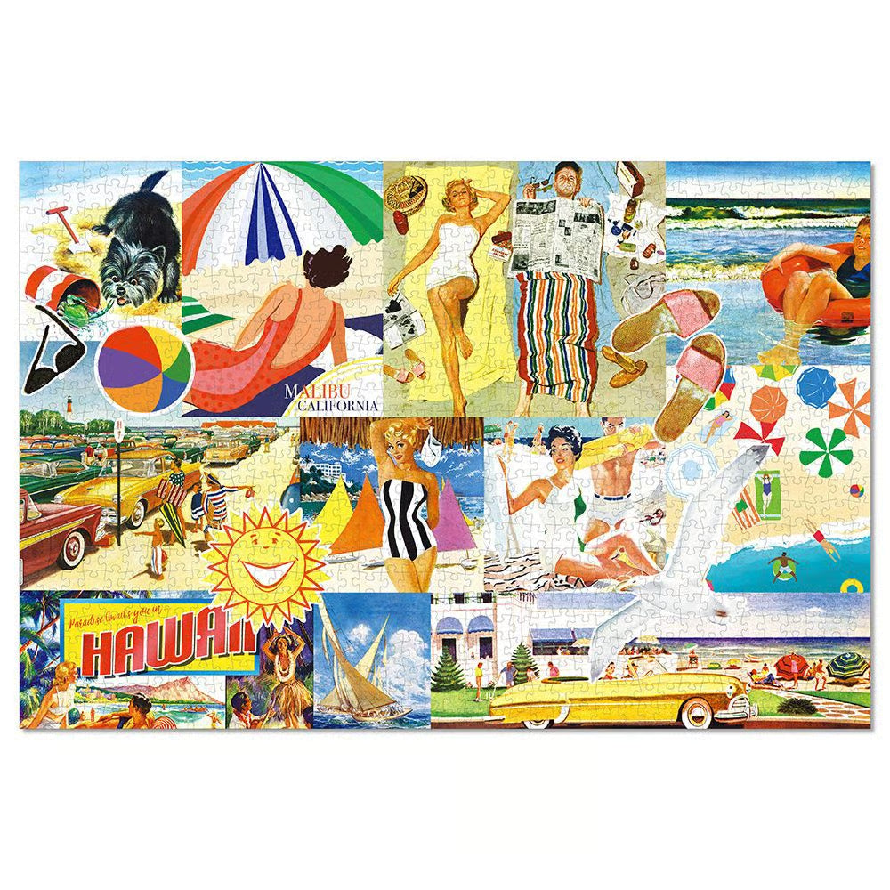 finished rectangle jigsaw puzzle featuring a vibrant retro beach and resort collage with vintage illustrations, swimwear, umbrellas, cars, and tropical scenes, including the words 'Majestic California' and 'HAWAII'.