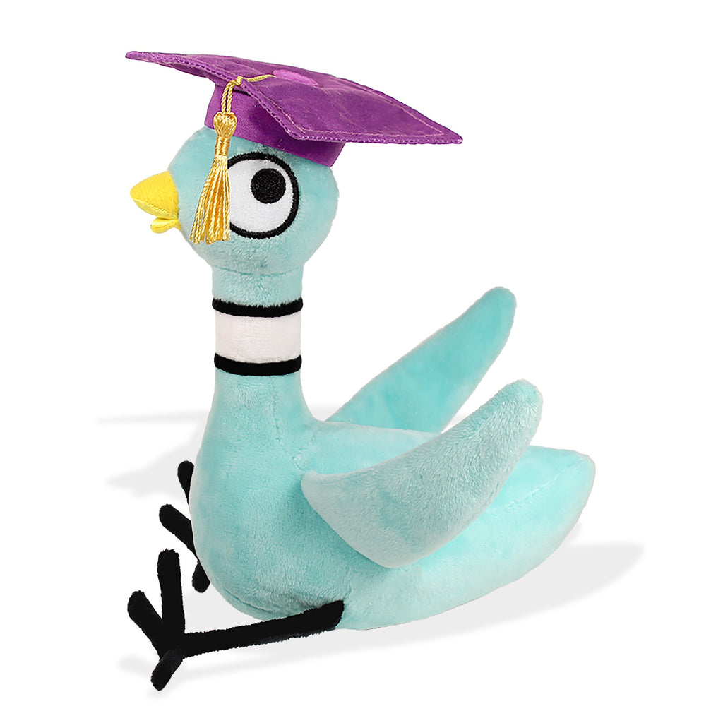 side view of The Pigeon Graduation Soft Plush Toy on a white background