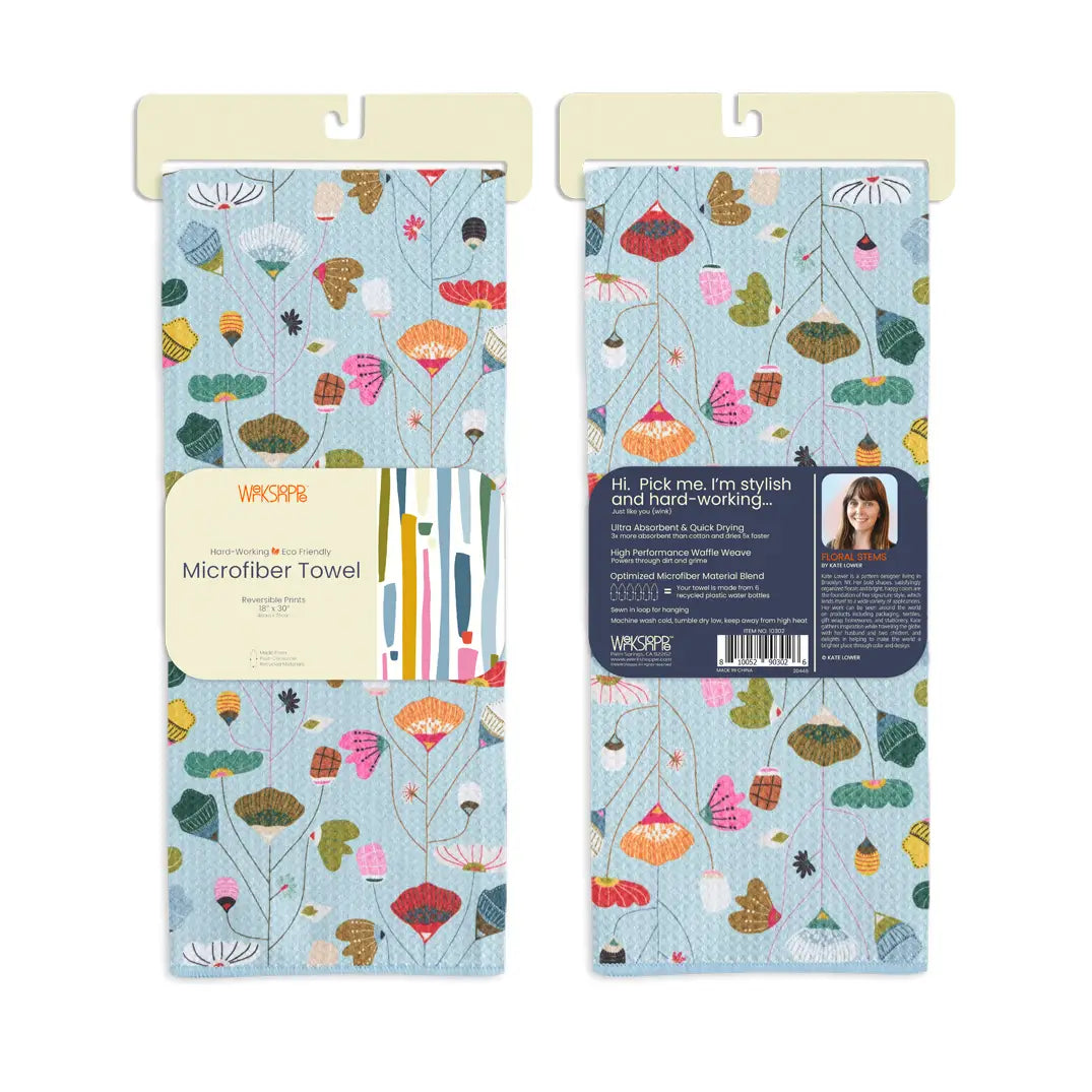 Front and back views of folded towel in its card packaging.