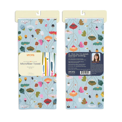 Front and back views of folded towel in its card packaging.