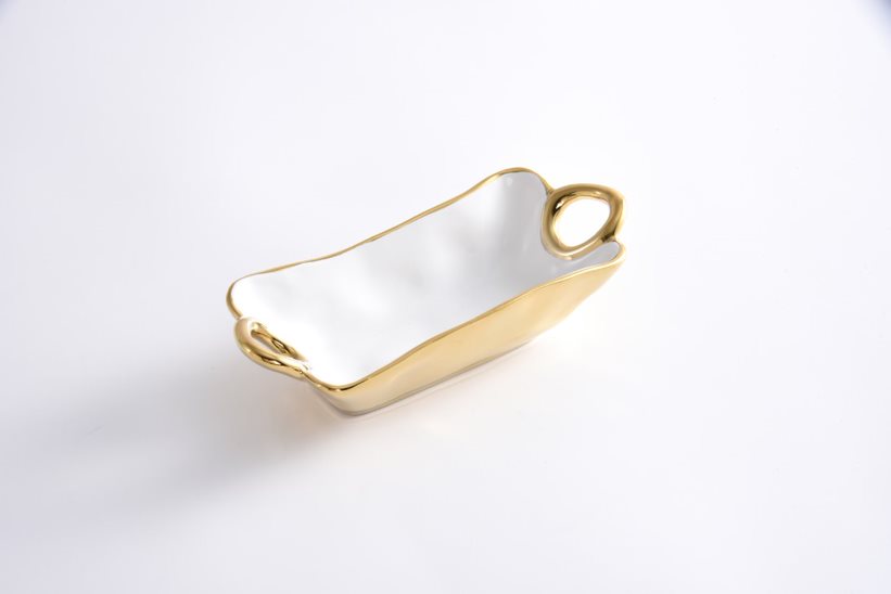 gold exterior white interior rectangle mini bowl with handles